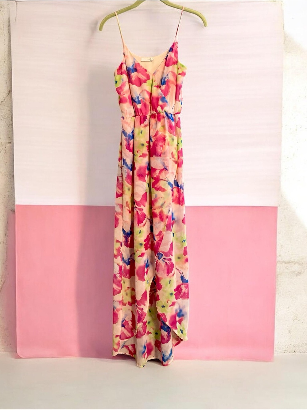 Lush Floral Pink Watercolor Chiffon Tulip Hem Spaghetti Strap Maxi Dress XS